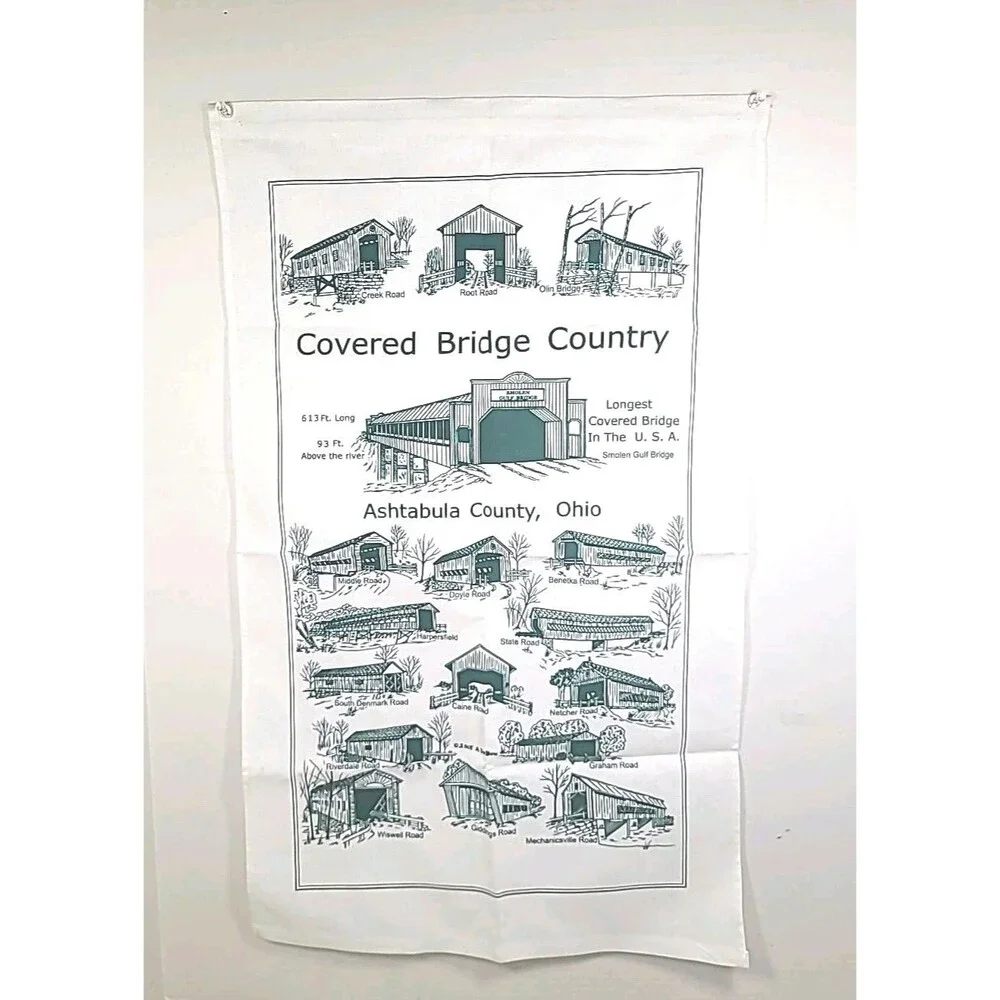 Vtg 1997 Ashtabula County Ohio Covered Bridges Hanging Kitchen Towel 16” x 27”